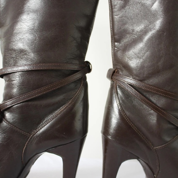 Brown Leather Mid-Calf Boots — Heeled Boots with Tie Detail, Women's Size 6 - Picture 9 of 9